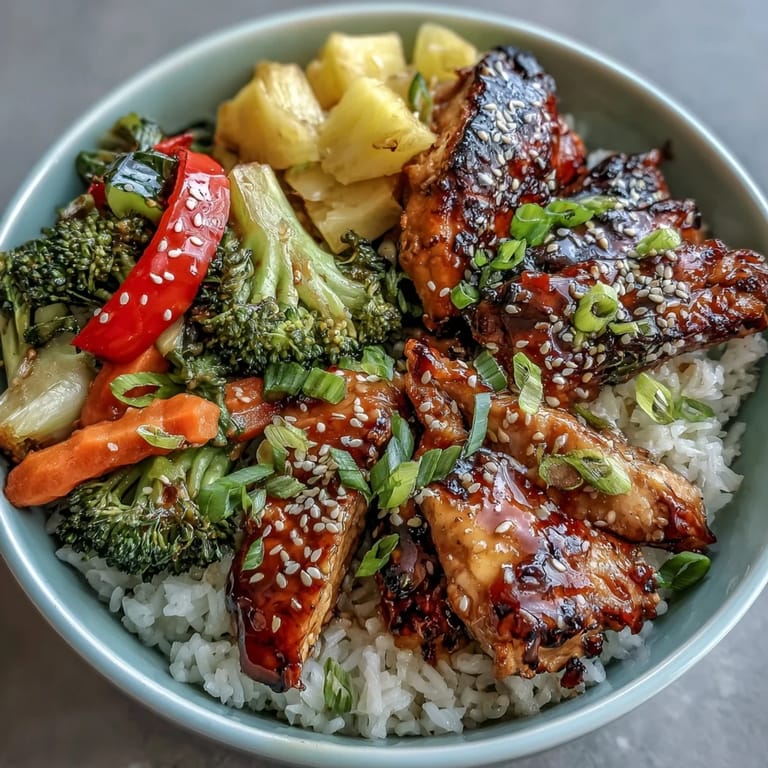 Fluffy rice and juicy teriyaki-glazed chicken are paired with crisp vegetables and garnished with pineapple and sesame seeds in this satisfying bowl.