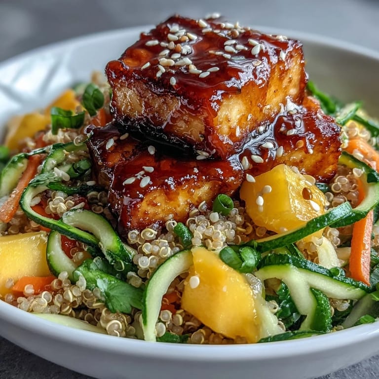 Healthy Easy Teriyaki Quinoa Bowl packed with baked tofu, spiralized carrots, zucchini, and juicy mango, finished with savory sauce.