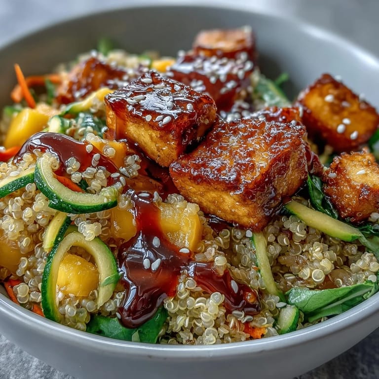 Colorful Easy Teriyaki Quinoa Bowl featuring tender quinoa, baked tofu, and fresh mango, topped with zesty teriyaki glaze.  