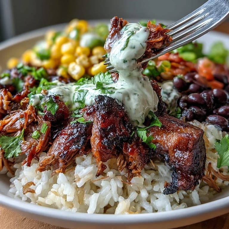 Hearty carnitas burrito bowl featuring slow-cooked pork, vibrant vegetables, zesty salsa, and creamy lime dressing, perfect for a satisfying Mexican-inspired meal.