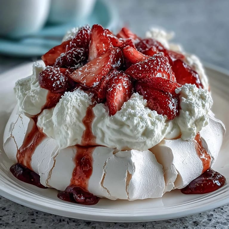Strawberry Pavlova with Whipped Cream: Elegant dessert featuring a chewy meringue nest filled with sweet cream and vibrant red berries.