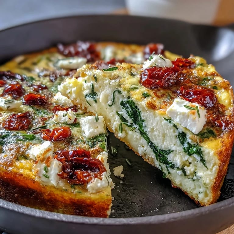 Savory Mediterranean-inspired frittata featuring tender spinach, tangy feta, and sweet sun-dried tomatoes, baked to a light, fluffy texture.  