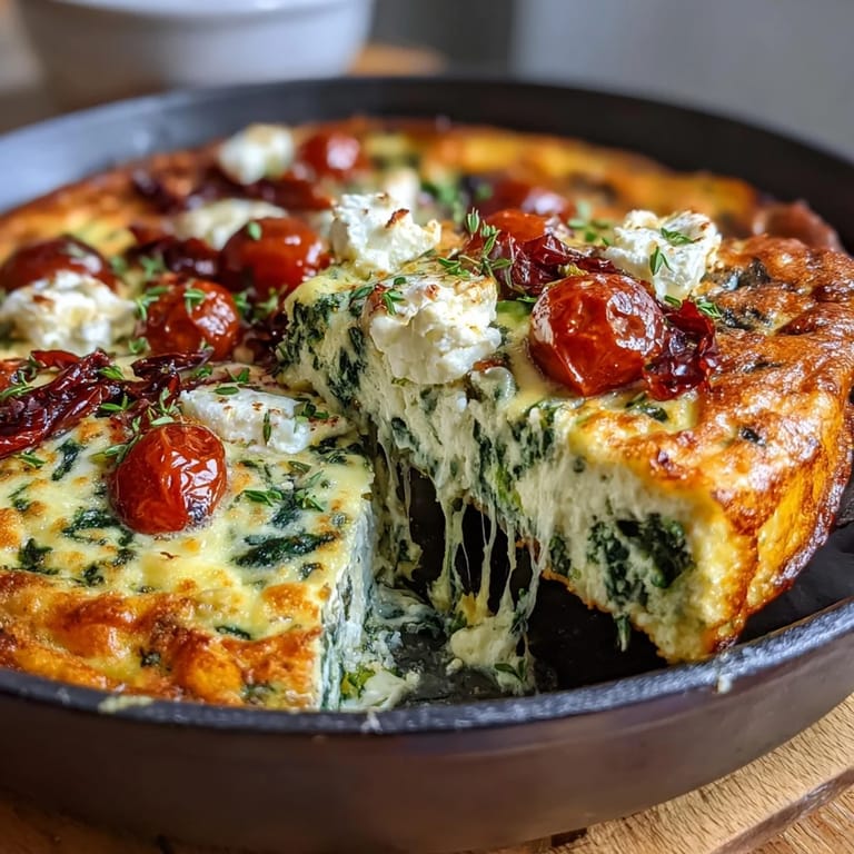A vibrant vegetarian frittata with fresh spinach, creamy feta, and sun-dried tomatoes, ideal for a flavorful brunch or light dinner.