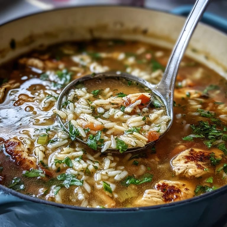 Hearty one-pot chicken and rice soup with fresh parsley, perfect for a comforting weeknight dinner.