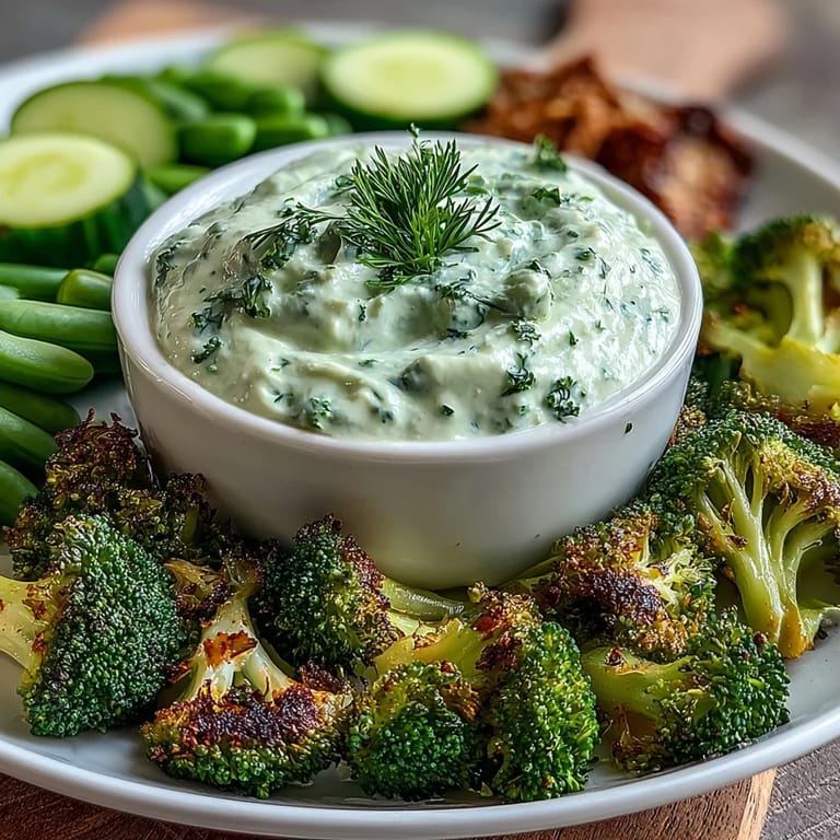 Vibrant green vegetable platter with cucumber, snap peas, and broccoli, served with a smooth, herb-packed avocado ranch dip for a refreshing appetizer.