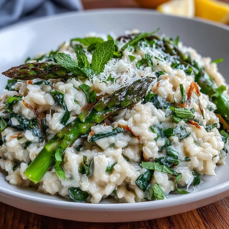 Elegant Spring Pea and Mint Risotto with Parmesan, garnished with fresh herbs and extra cheese.