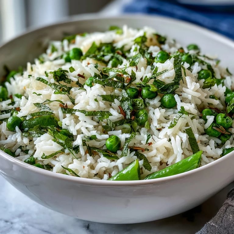 Fluffy white rice pilaf studded with sweet spring peas, fresh mint, and parsley, offering a light, herbaceous complement to any main course.