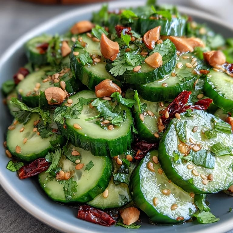 Light and tangy Asian Cucumber Salad with Sesame and Rice Vinegar, featuring thinly sliced cucumbers and a flavorful rice vinegar dressing.
