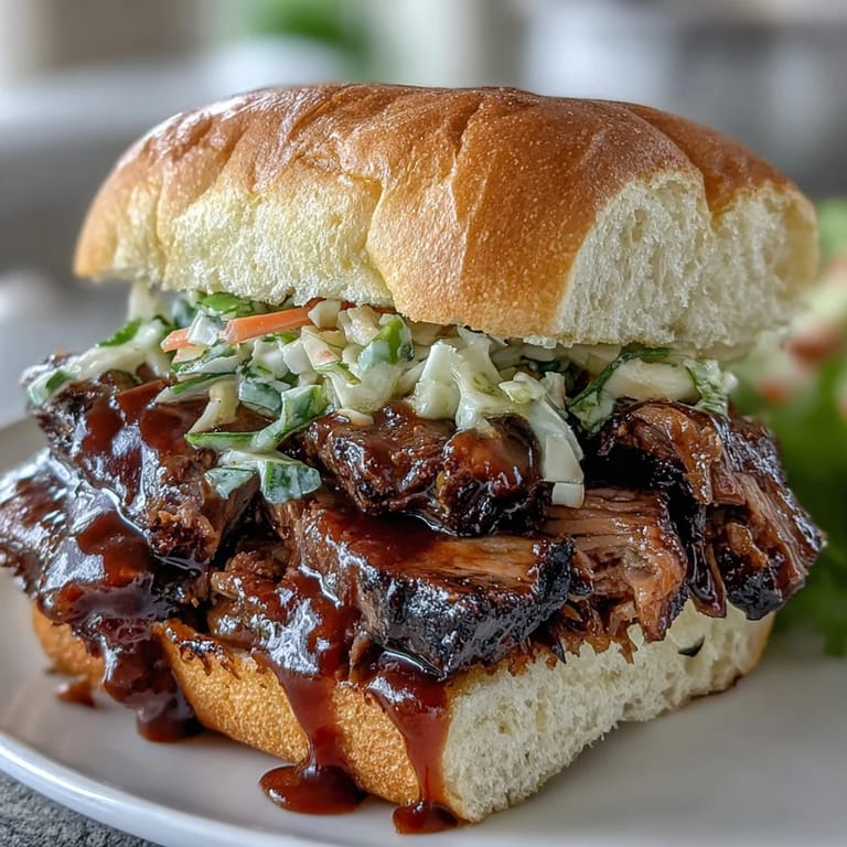 Smoky BBQ brisket sliders with sweet sauce, crisp coleslaw, and soft buns—perfect for game day or baby showers.