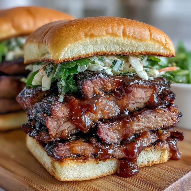Tender slow-cooked brisket piled onto slider buns, topped with tangy BBQ sauce and crunchy slaw for a party-ready bite.  
