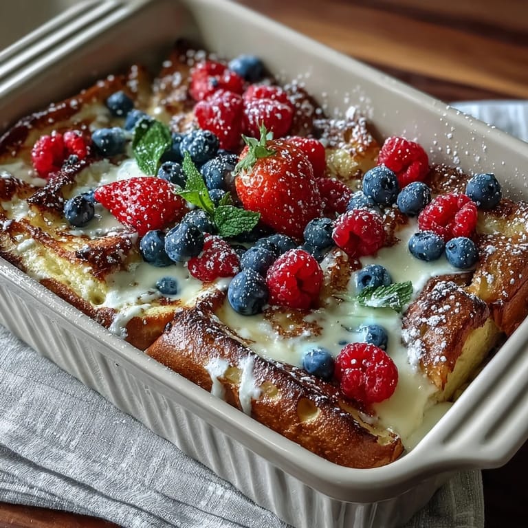 Golden pancake casserole with juicy berries and a rich custard, dusted with powdered sugar—a sweet, shareable centerpiece for Mothers Day breakfast.