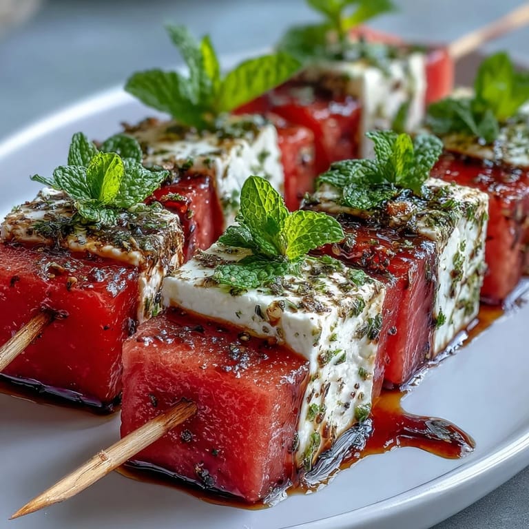 Colorful watermelon feta mint skewers with balsamic glaze, a delightful vegetarian and gluten-free appetizer for warm-weather gatherings.