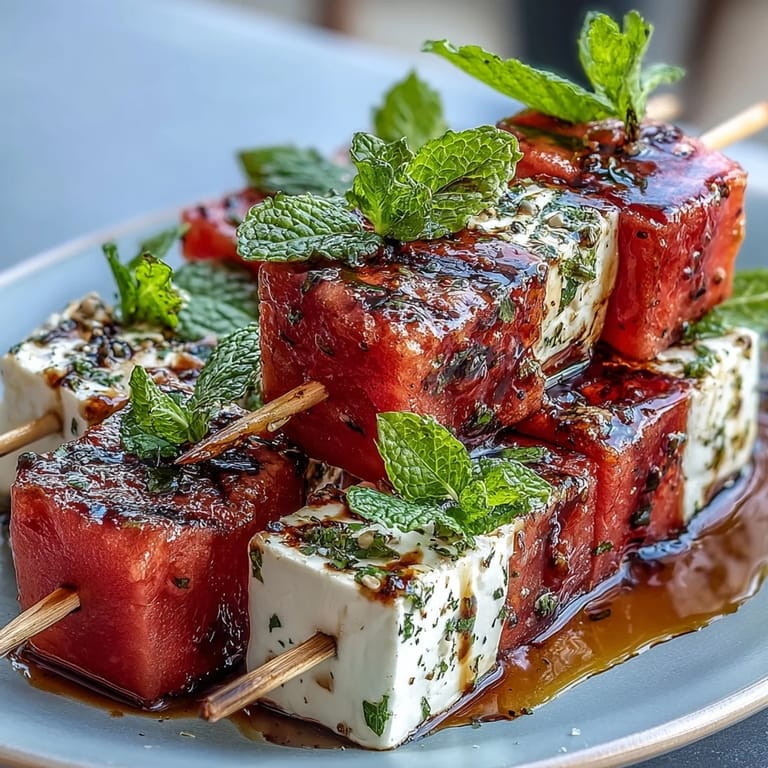 Refreshing watermelon feta mint skewers, perfect for summer parties or light appetizers, with vibrant colors and fresh herbs.  