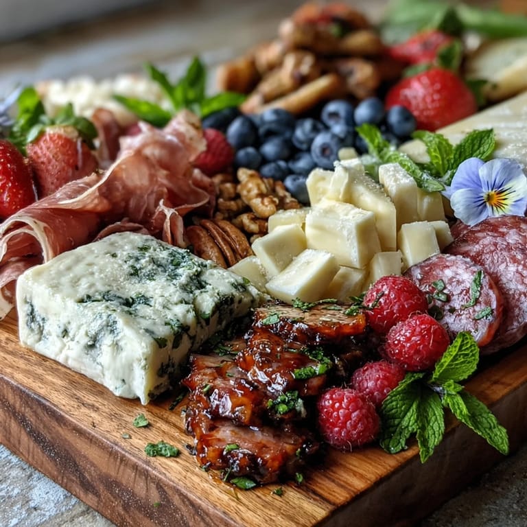Elegant charcuterie board featuring edible flowers, cheeses, and fruits—perfect for a colorful spring gathering or brunch.