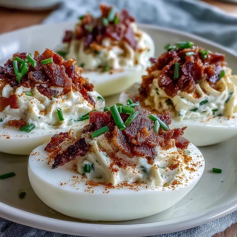 Deviled eggs with smoky bacon crumbles and tangy ranch dressing, piped into halved whites for a crowd-pleasing party snack.