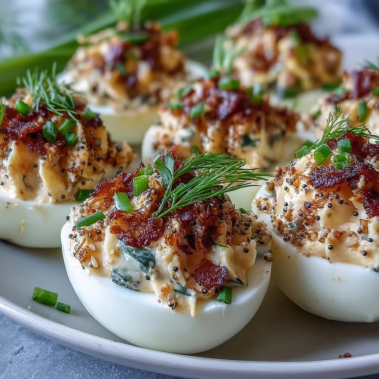 Creamy deviled eggs filled with smoked salmon and chives, sprinkled with everything seasoning for a brunch-worthy appetizer.