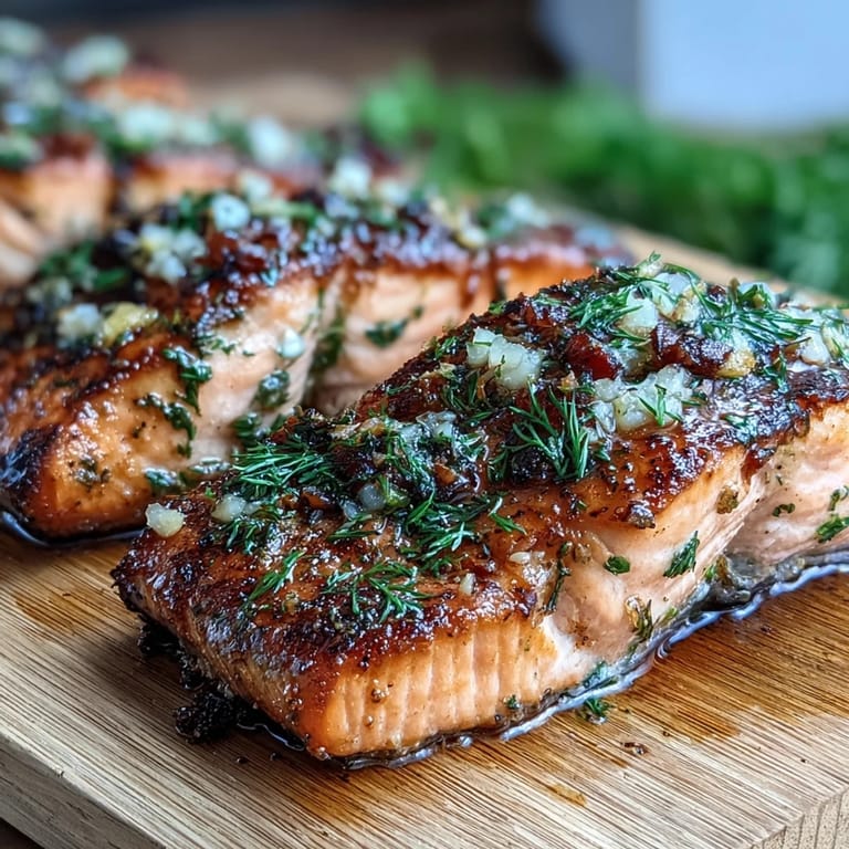 Juicy salmon fillets marinated in garlic, dill, and lemon, served on charred cedar planks for a rustic, aromatic presentation.