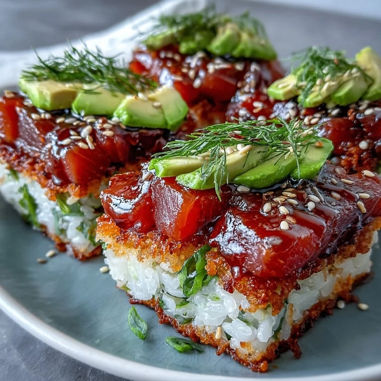 Enjoy this vibrant Crispy Rice Salad with Spicy Tuna, perfectly plated for a light meal.