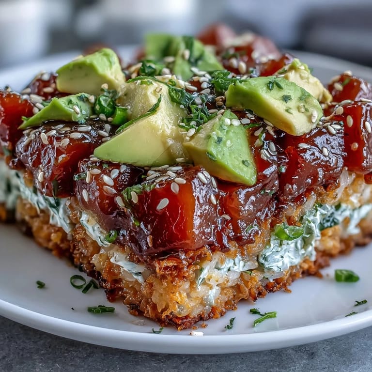 A delightful Crispy Rice Salad with Avocado and Spicy Tuna dish, artfully arranged.