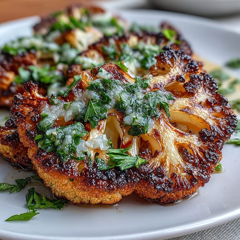 Grilled BBQ cauliflower steaks generously drizzled with a vibrant, zesty chimichurri.