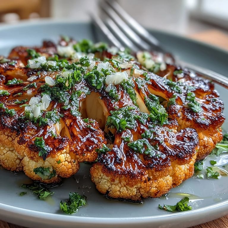Tender BBQ cauliflower steaks topped with a flavorful, herb-packed chimichurri sauce.