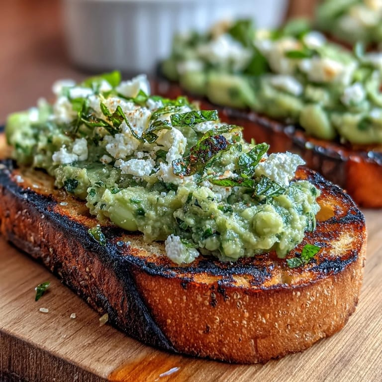 Smoky grilled sourdough with creamy fava bean and mint topping, perfect appetizer.