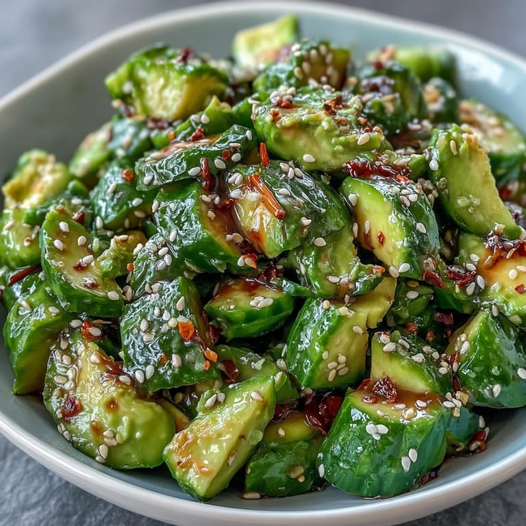 Crisp smashed cucumber avocado salad, a delightful side dish with nutty sesame.
