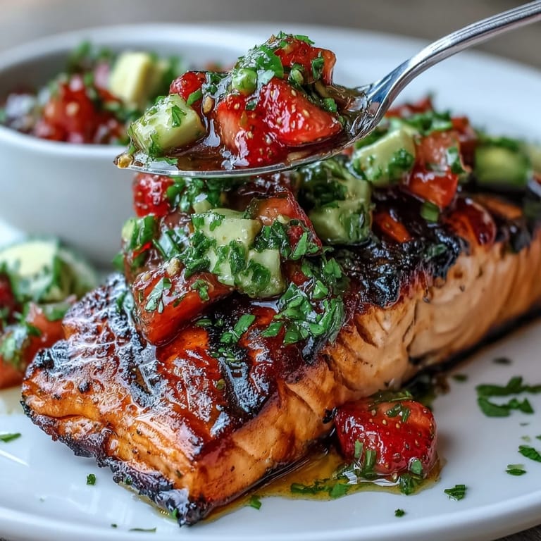 Flaky grilled salmon fillets beautifully adorned with vibrant strawberry avocado relish, a healthy delight.