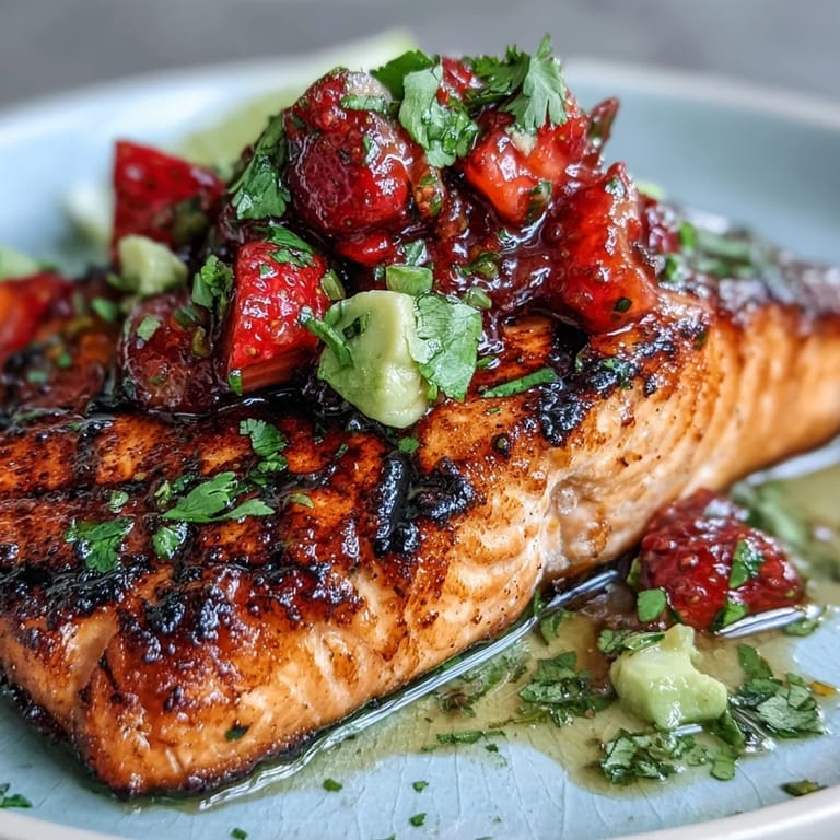 Delicious grilled salmon with a fresh, chunky strawberry avocado salsa, ready to serve.