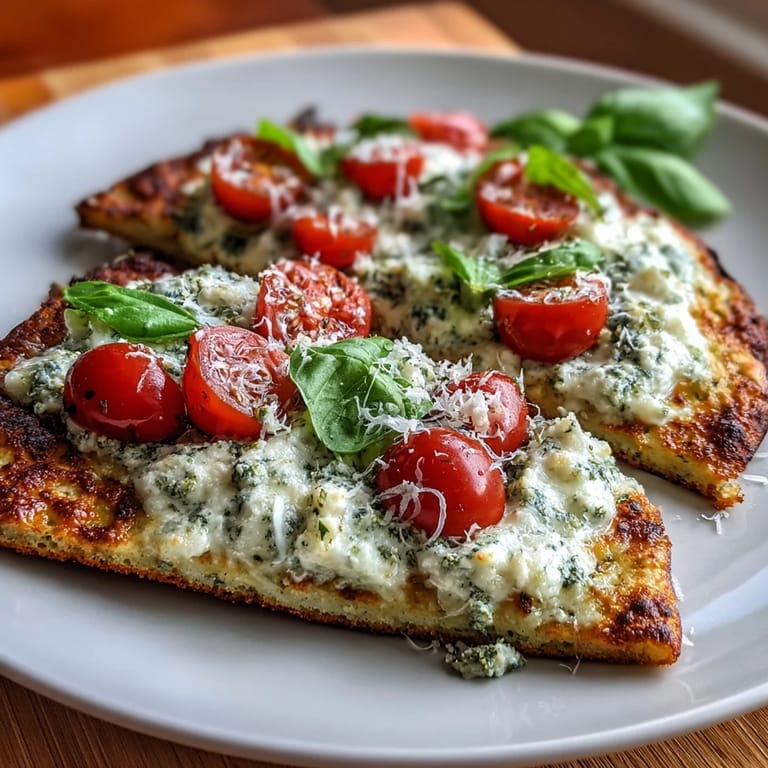 Enjoy this high-protein cottage cheese flatbread loaded with vibrant pesto and ripe tomatoes.