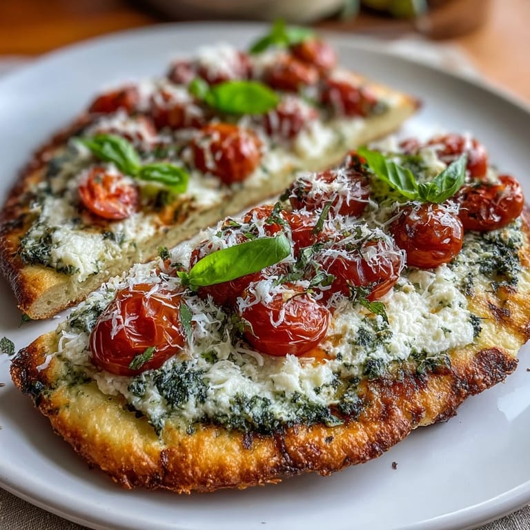 Golden brown cottage cheese flatbread topped with pesto, tomatoes, and basil perfection.
