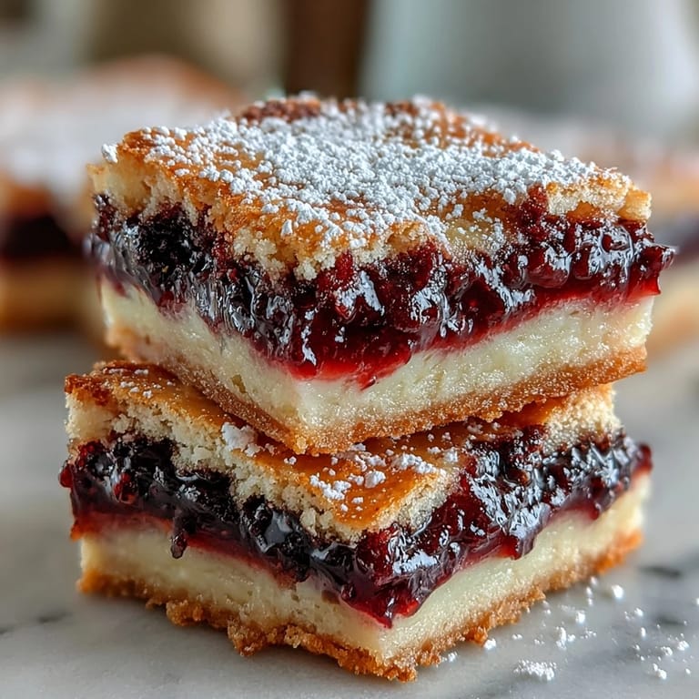Glistening blackberry lemon bars on a buttery shortbread crust, a sweet-tart delight.