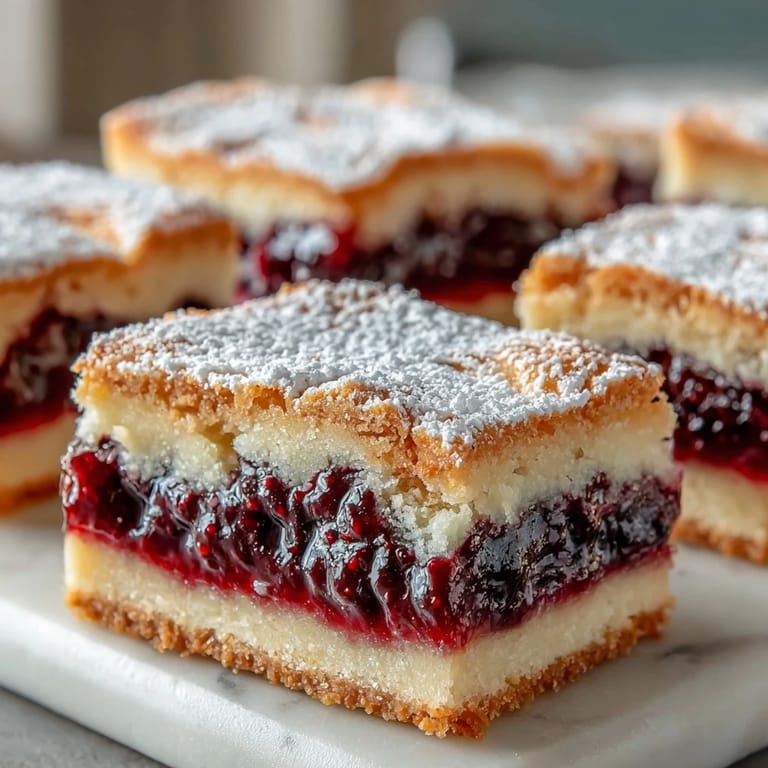 Tangy lemon bars swirled with deep purple blackberry, baked to perfection.