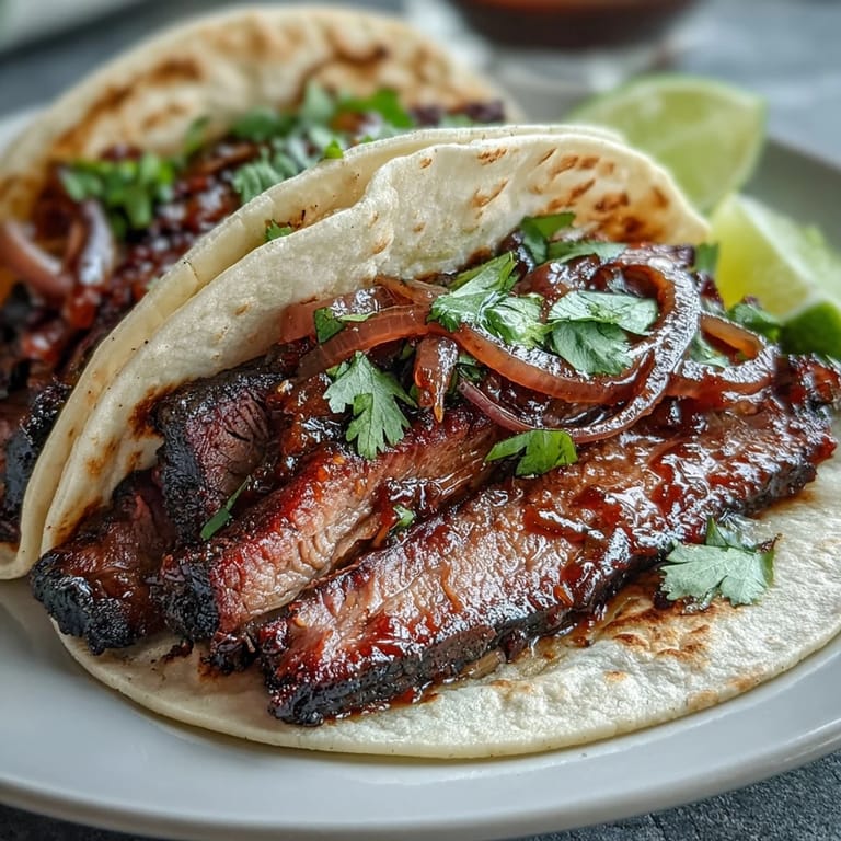 Savory smoked brisket tacos generously topped with vibrant pickled red onions.