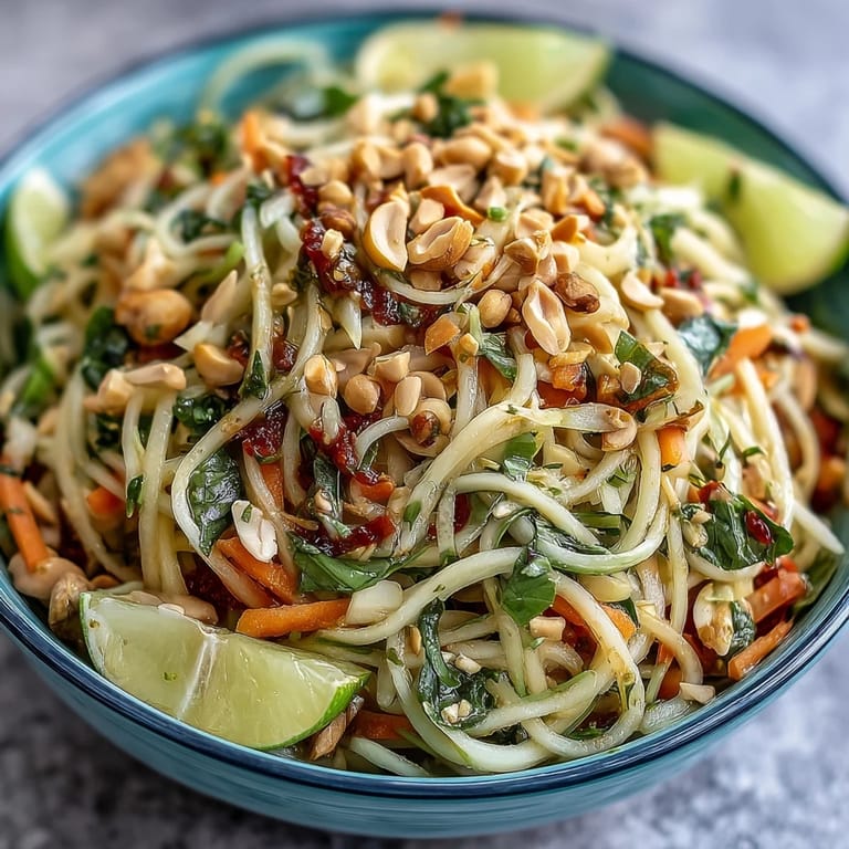 Colorful Thai Papaya Salad, a refreshing salad with chili, lime, and toasted peanuts.
