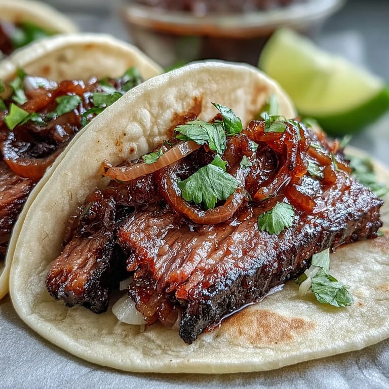Juicy smoked brisket tacos ready with tangy pickled red onions and lime.
