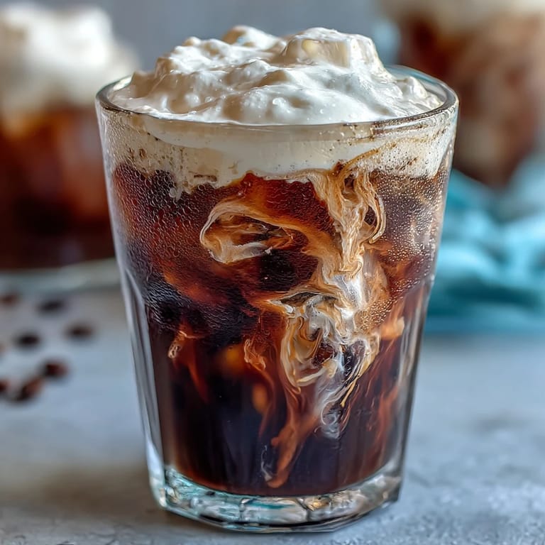 Showcasing a frosted glass of cold brew coffee topped with whipped vanilla sweet cream.
