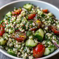 A close-up of the vibrant barley and herb salad, with glistening cherry tomatoes and fresh parsley on a wooden table.
