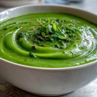 Creamy Courgette, Pea and Pesto Soup served in a rustic bowl topped with fresh basil leaves.