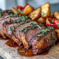 Sliced marinated Ibérico pork fillet, golden potatoes, and roasted red peppers are plated together, finished with pan juices for a Spanish-inspired meal.