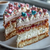 Close-up of a slice of Candy Hearts Fake Cake with creamy layers, graham cracker crust, and pastel conversation hearts on top.