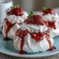 Strawberry Pavlova with Whipped Cream: Crisp meringue base topped with fluffy whipped cream and juicy fresh strawberries.