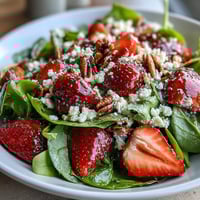 Fresh strawberry spinach salad with poppyseed dressing, featuring juicy berries and crunchy almonds on a bed of tender greens.