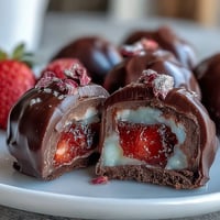 Dubai-Style Strawberry Truffles with Dark Chocolate Shell on a platter, garnished with crushed pistachios and rose petals, perfect for elegant dessert spreads.