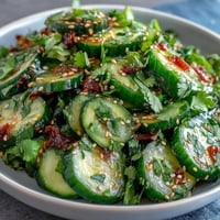Asian Cucumber Salad with Sesame and Rice Vinegar, a crisp and refreshing dish with tangy sesame dressing, garnished with sesame seeds and cilantro.