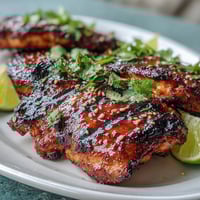 Honey Sriracha Grilled Chicken Thighs sizzling on the barbecue, glazed with a sticky sweet and spicy marinade.