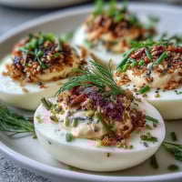 Smoked salmon deviled eggs topped with everything bagel seasoning, creamy and savory with fresh dill garnish.