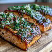Cedar Plank Salmon with Garlic Dill grilling on smoky cedar planks, infused with fresh herbs and lemon for a fragrant summer dish.