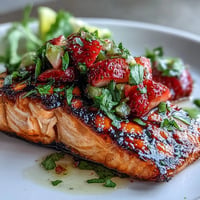 Juicy grilled salmon topped with bright strawberry avocado salsa, perfect for summer evenings.