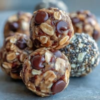 Close-up of snack-sized protein balls blending peanut butter and oats.